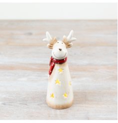 An adorable LED reindeer with a red dotty scarf
