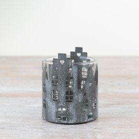 Grey Heart House T-Light Holder, 8cm