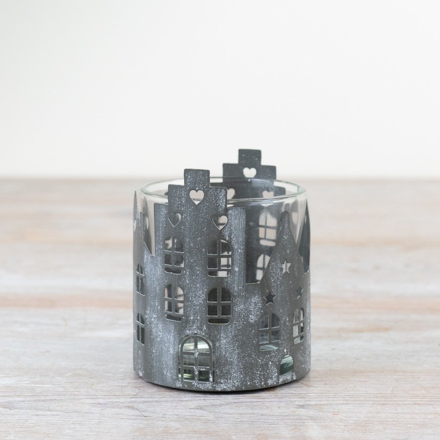 Grey Heart House T-Light Holder, 8cm