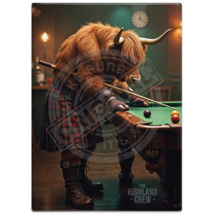 Highland Cow Playing Pool Metal Sign, 20cm 