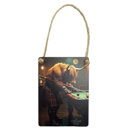 Metal Dangler Sign Highland Cow Playing Pool