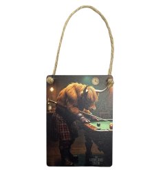 Get ready to add some fun to your home decor with our Highland Cow Playing Pool Dangler Sign!