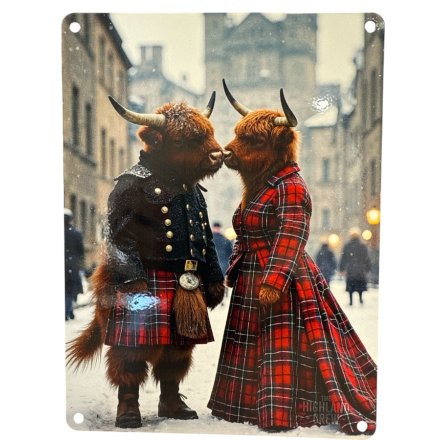 Highland Cows Kissing In Snow Metal Sign, 20cm 