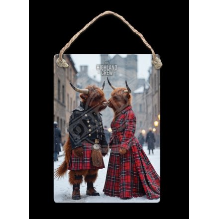 Highland Cows Kissing In Snow Metal Dangler 