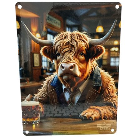 Highland Cow Whisky Bar Metal Sign, 20cm 