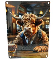 highland cow in whisky bar metal sign 