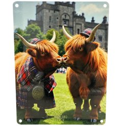 cute highland cow kissing metal sign 