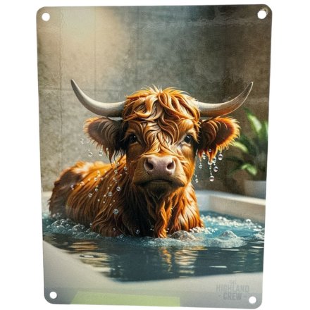 Highland Cow in Bath Metal Sign, 20cm 