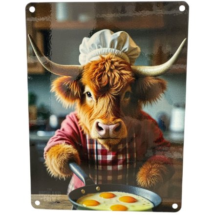 Highland Cow Cooking Eggs Metal Sign, 20cm 