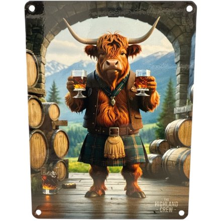 Highland Cow Whisky Barrels Metal Sign, 20cm 