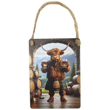 Highland Cow Whisky Barrels Dangler Metal Sign