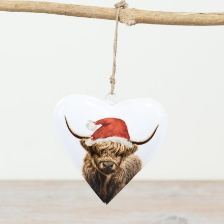 10cm Highland Cow Metal Heart Hanger