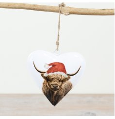Delightful hanging heart featuring our best selling highland cow wearing a festive hat