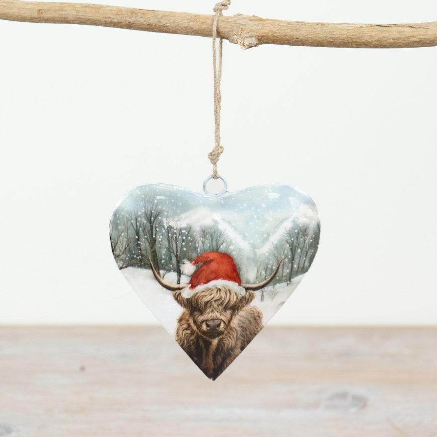 Festive Highland Cow Metal Heart - 10cm