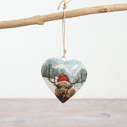 Xmas Highland Cow Heart Hangers, 8cm 