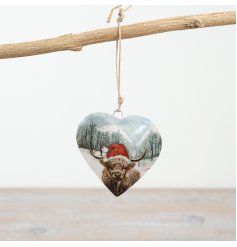 Xmas Highland Cow Heart Hangers, 8cm 