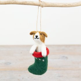 Add a touch of charm to your festive collection with this delightful felt dog hanger in a festive green and red stocking