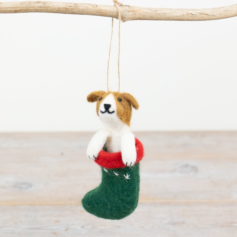 Add a touch of charm to your festive collection with this delightful felt dog hanger in a festive green and red stocking