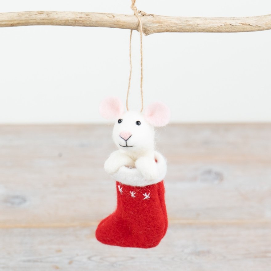 Felt Mouse in Stocking Hanger, 13cm