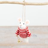 Our charming hanging fabric mouse, dressed in a delightful red and white striped jumper and holding a shiny gold bell. 