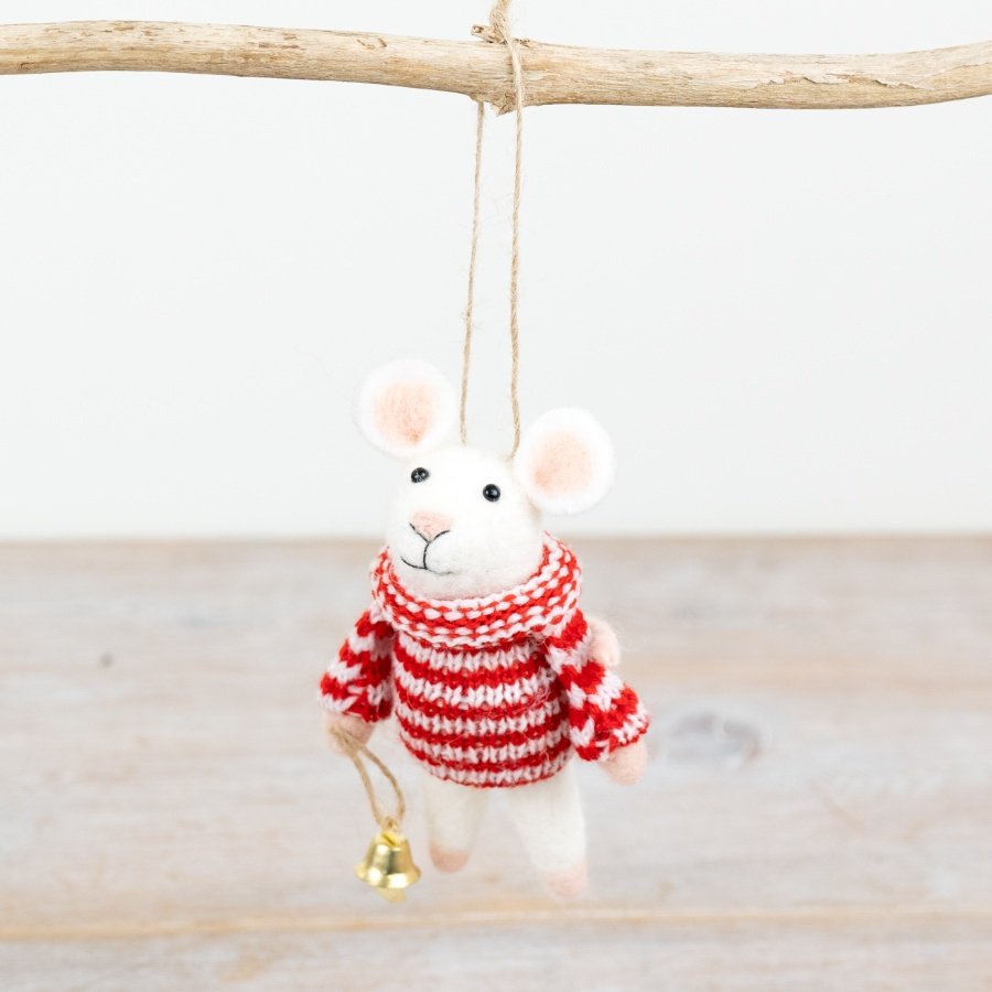 Charming hanging fabric mouse, complete with a delightful red and white striped jumper and a dainty gold bell