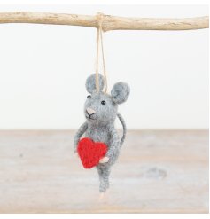 Bring a touch of whimsy to your space with this cute grey mouse hanging decoration complete with a vibrant red heart.
