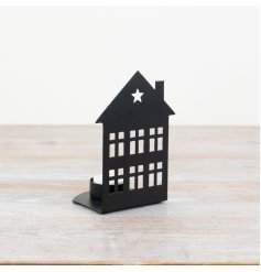 Elevate the ambience of any room with our stunning black iron house t-light holder