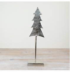 A stylish metal silver tree on a base complete with a rustic finish. Great for adding a chic touch to a festive display.