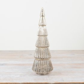 A beautiful glass Christmas tree with a mottled, antique finish. Complete with warm glow lights. 