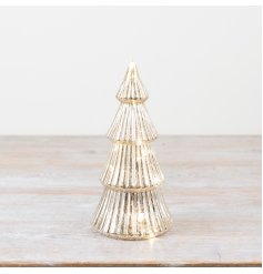 A beautiful glass tree decoration with layered branches and an antique effect glass finish. 