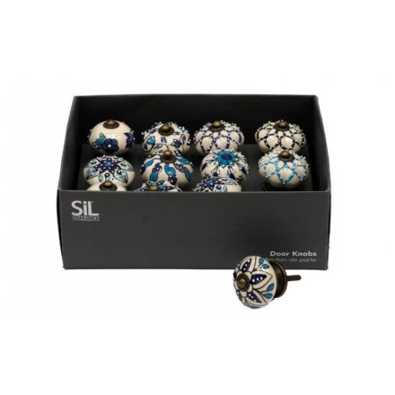 Blue & White Patterned Doorknob 12A, 6.5cm 
