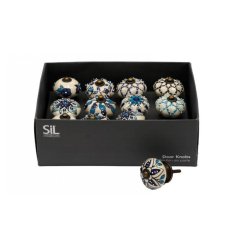 Decorate your doors with this charming assortment of 12 vintage style blue and white doorknobs.