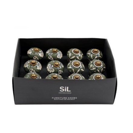 4/A Vintage Green Pattern Door Knobs, 6.5cm 