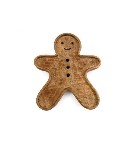 Serve holiday treats on a charming platter crafted from mango wood with festive gingerbread design. 