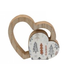 Wooden Heart W/Festive Tree Print
