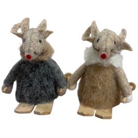 Two charming neutral-tone mice enjoying a festive ski adventure
