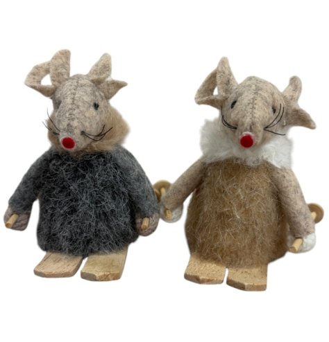 Charming pair of neutral-coloured festive mice seated on skis