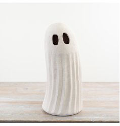 Get ready for Halloween with this standing white ghost decoration - perfect for adding a spooky touch to your home!