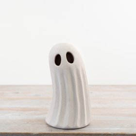 Hauntingly beautiful white ghost ornament adds eerie charm to any space. Standing tall with ethereal style.