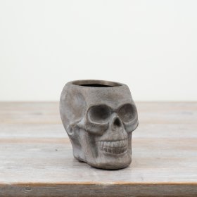 Introduce some eerie elegance to any living space with this natural grey skull-shaped planter