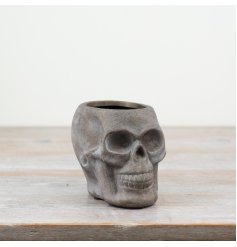A natural finished grey planter in the shape of a skull. 