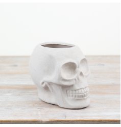 A white textured planter in the shape of a skull