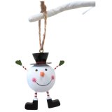 A jolly snowman decoration hung from jute twine.
