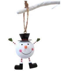 A jolly snowman decoration hung from jute twine.