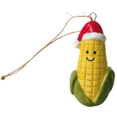 A sweet hanging Christmas decoration featuring a corn on the cob wearing a Santa hat. 