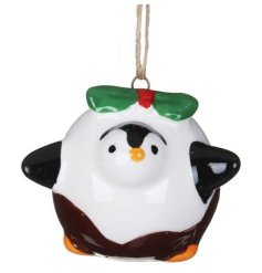  A sweet hanging Christmas decoration in shape of a penguin dressed as a Christmas pudding.