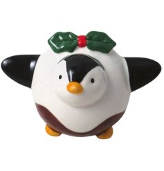 A sweet penguin character dressed as a Christmas pudding. 