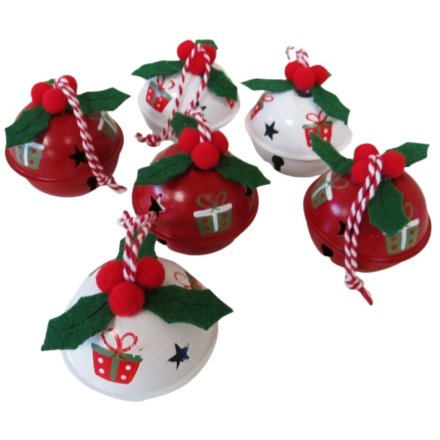 Set of 6 Tin Bell Decorations w Holly, 5cm 