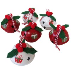 Set of 6 Tin Bell Decorations w Holly, 5cm 