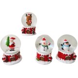 An assortment of 4 adorable snow globes each with a jolly character inside.